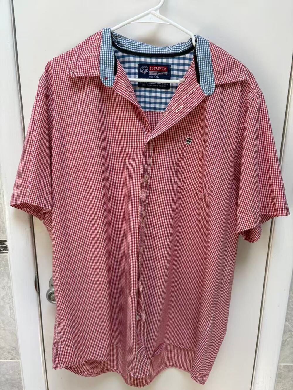 NS Fashion Mens Gingham Shirt XXL Red White Short Sleeve Button Down Cotton